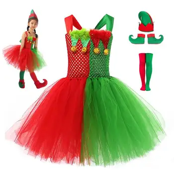 Elf Traje Para Crianças | Conjunto De 4 Ajustável Meninas Duende Vestido De Tule | Férias Cosplay Roupa Conjunto Com Chapéu, Sapatos E Meias